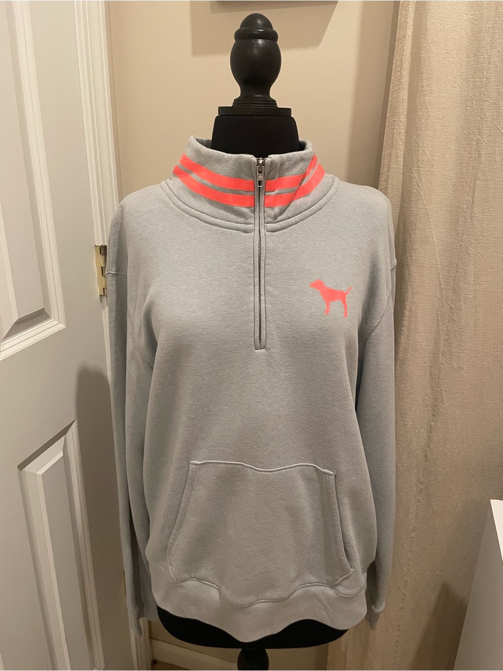 PINK Victoria's Secret Light Gray Quarter-Zip Pullover w Neon Orange Accents
